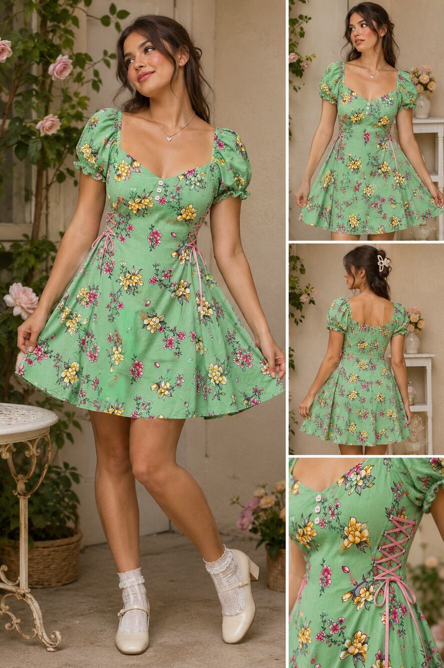Hell Bunny Adelina Mini Dress Mint Green Floral Puff Sleeve Cottagecore 3XL NWT